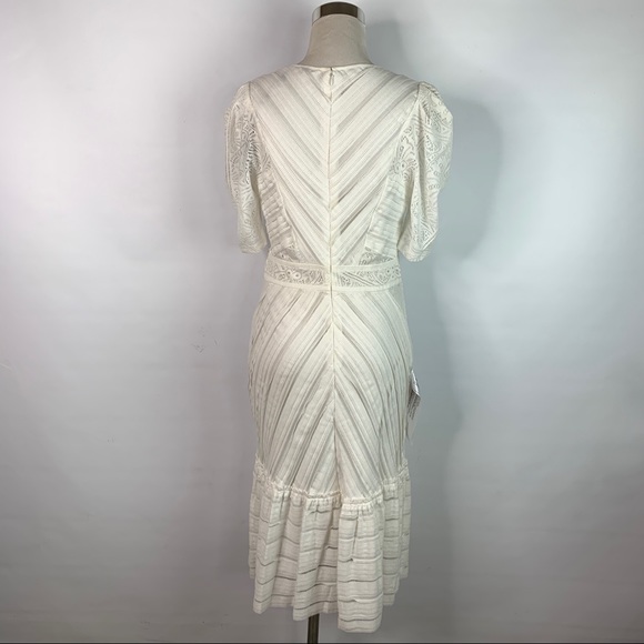 BCBGMaxAzria Ivory Midi Lace Trim Ruffle Hem Dress - Picture 6 of 9